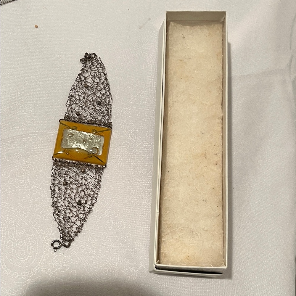 Handmade Mesh Bracelet with Yellow Enamel Accent hand made bracelet
